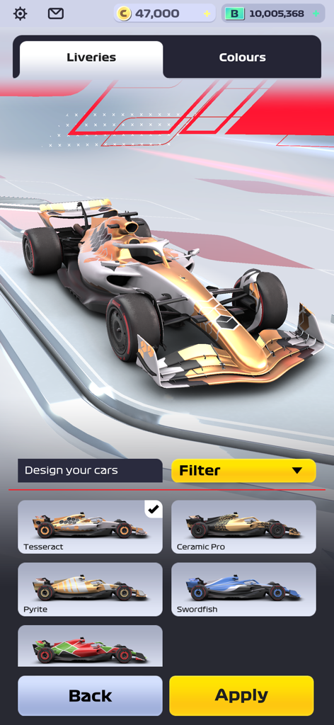 F1 Clash - Official 2025 Game - F1 Clash car customization screen showing various livery designs and color options
