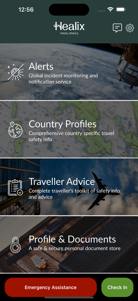 Travel Oracle - Travel Oracle app home screen showing travel alerts country profiles and emergency assistance buttons