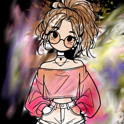 girl with a messy ponytail glasses a baggy crop top and jean shorts