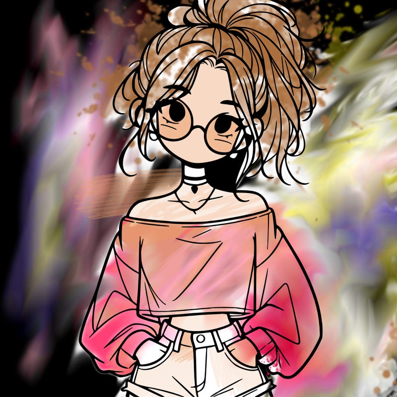 girl with a messy ponytail glasses a baggy crop top and jean shorts