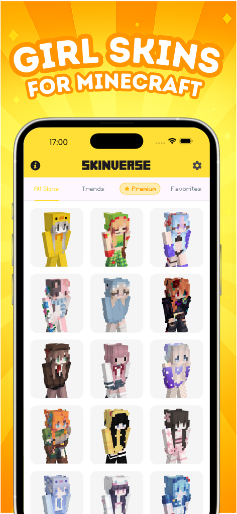Gallery of aesthetic girl skins for Minecraft in the SkinVerse app interface