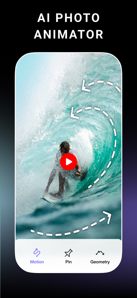 StoryZ mobile app interface showing motion paths on a surfing photo for AI photo animation.