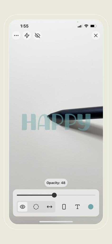 A phone screen showing the Flowly app interface using AR to trace the word HAPPY on a physical surface with a stylus.