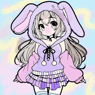 pretty anime girl wearing a fluffy hoodie with bunny ears on the hood and a skirt