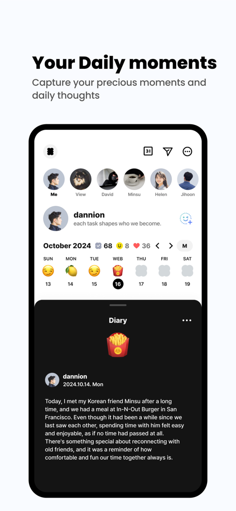 todo mateアプリのインターフェース。毎日の日記のエントリーと、ムード絵文字のあるカレンダー行が表示されています。