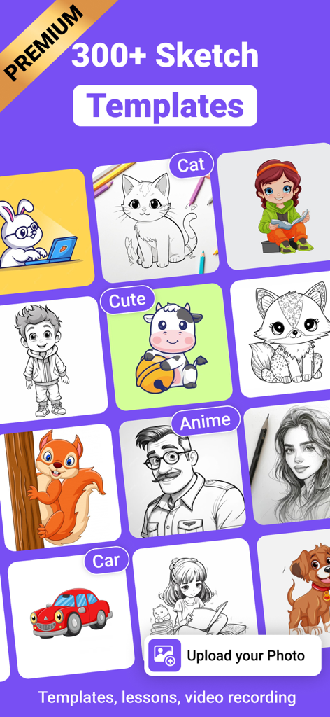 AR Drawing Apps : AR Sketch - Grid of diverse drawing templates including animals and anime in the AR Sketch app