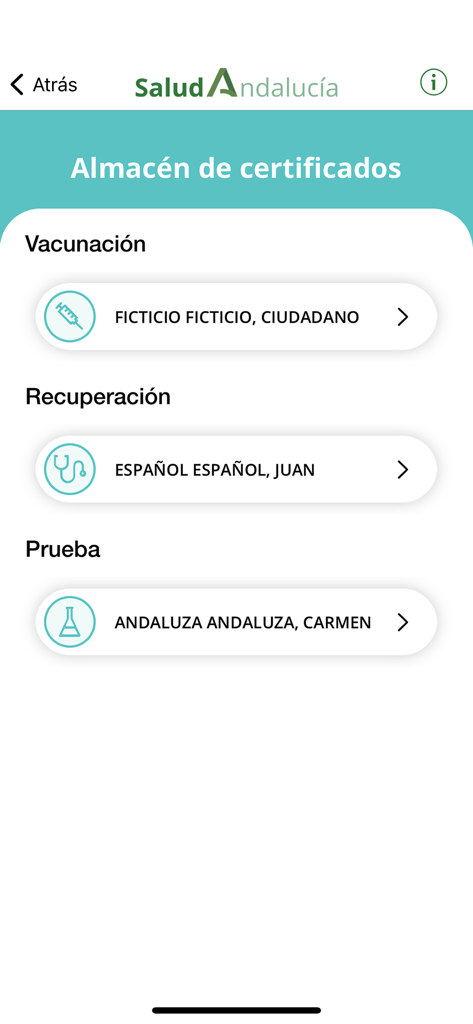 Salud Andalucía - Salud Andalucia app screen showing stored health certificates for vaccination, recovery and tests