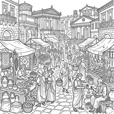 Immerse yourself in the vibrant world of ancient Rome with this detailed coloring page depicting a lively market scene. Discover toga-clad merchants and citizens engaged in bustling trade amidst impressive Roman architecture.