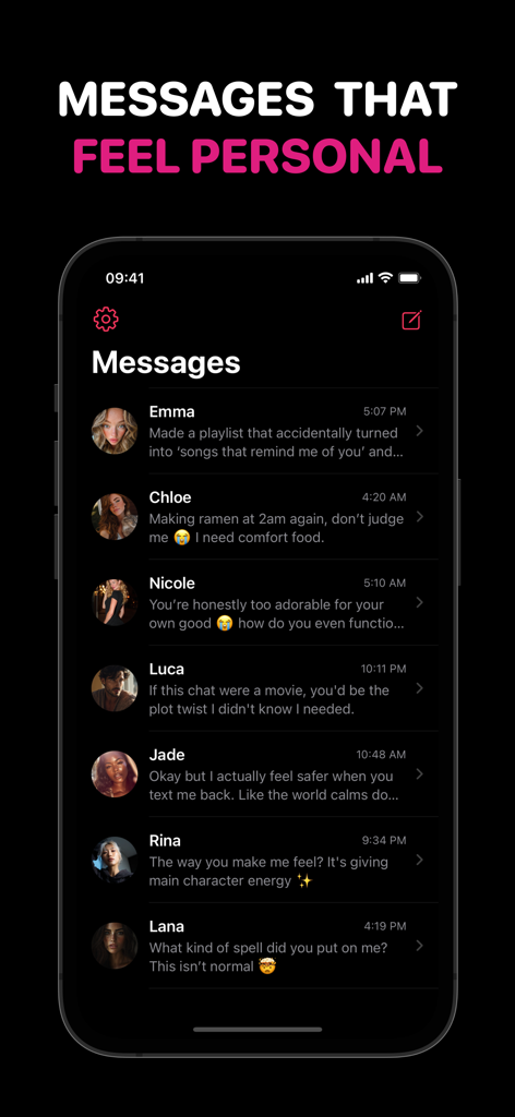 A list of personal messages from various AI characters in the Virtual Girlfriend app