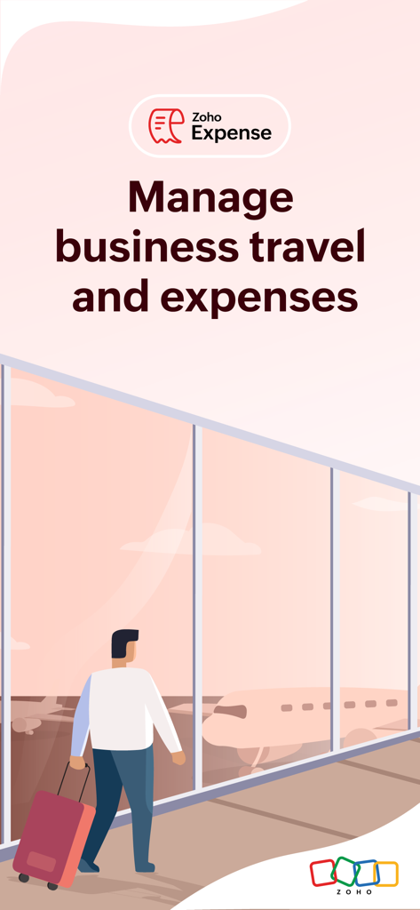 Zoho Expense: Travel & Expense - Eine Illustration eines Geschäftsreisenden am Flughafen, die das Reise- und Spesenmanagement von Zoho Expense darstellt