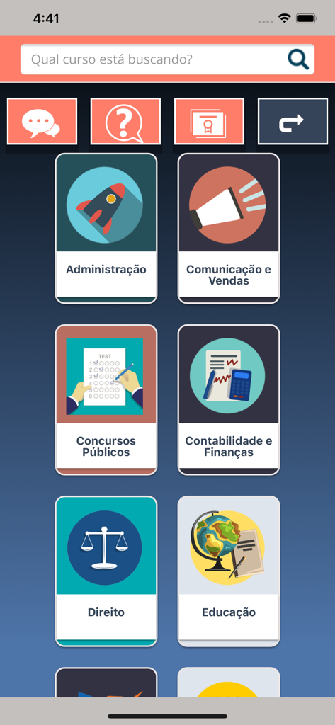 Interface do aplicativo Prime Cursos mostrando várias categorias de cursos educacionais em português