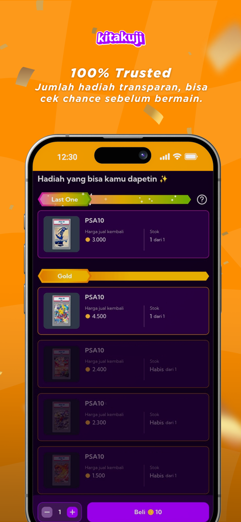 Kitakuji - Kitakuji mobile app interface displaying transparent prize odds and collectible PSA graded cards