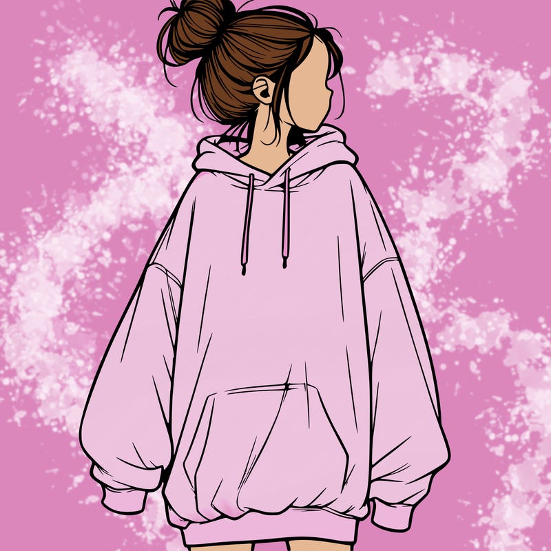 realistic girl with a oversized sweatshirt on and a bun
