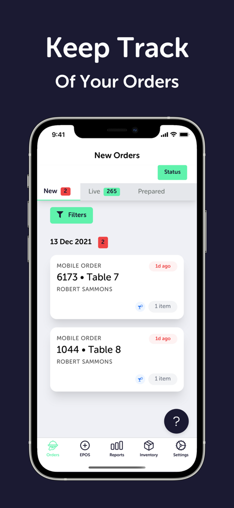 Dines - For Venues - Dines For Venues app interface displaying a list of new mobile orders for different tables