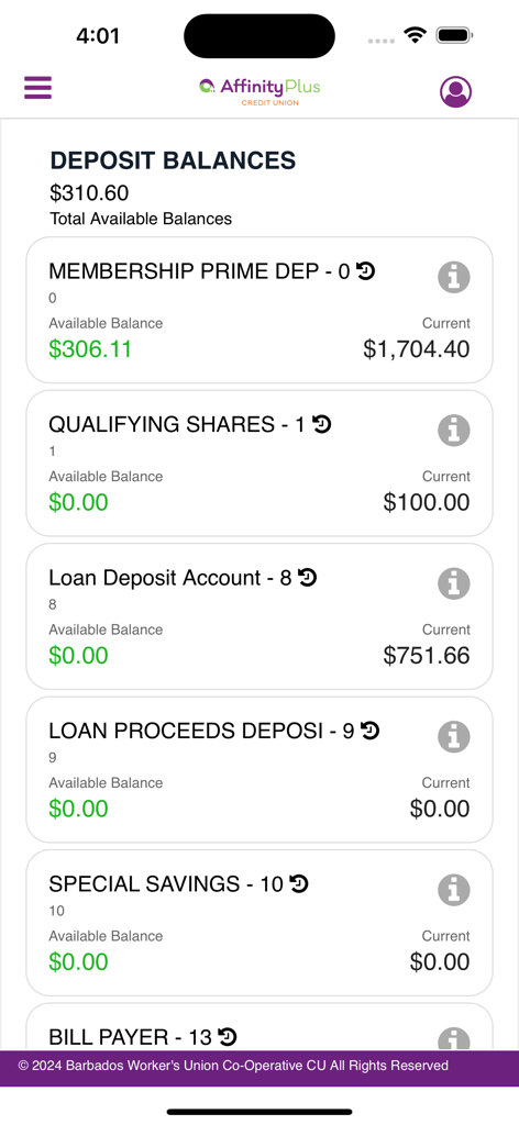 The AffinityPlus mobile banking app screen showing multiple deposit account balances