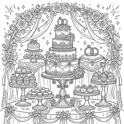 Immerse yourself in the joy of a wedding celebration with this delightful coloring page featuring beautifully arranged cake stands laden with an array of tempting desserts. Perfect for anyone who loves romance, baking, and intricate details, this design promises a sweet and relaxing coloring experience.