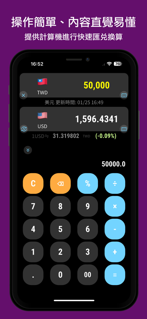 CurrencyExアプリの画面。TWDからUSDへの換算と内蔵計算機を表示しています。