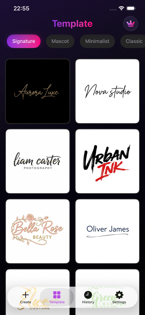 Logo Maker - AI Design - A gallery of signature style logo templates in the Logo Maker AI Design app interface