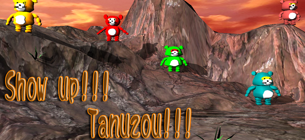 Personnages Tanuzou colorés du jeu Tanuu Duel debout sur un terrain montagneux rocheux sous un ciel orange.