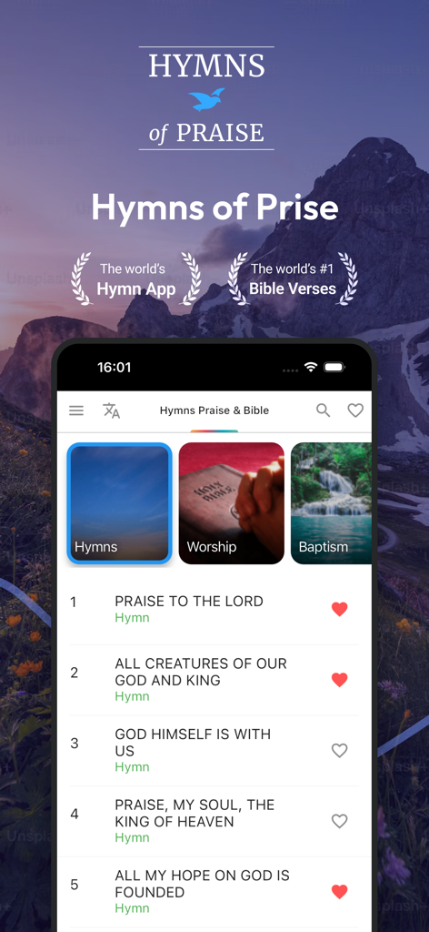 Hymns Of Praise: Jesus Church - Interface of the Hymns of Praise app showing a list of Christian hymns and worship categories