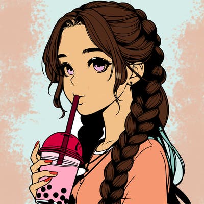 realistic girl with braided hair drinking boba