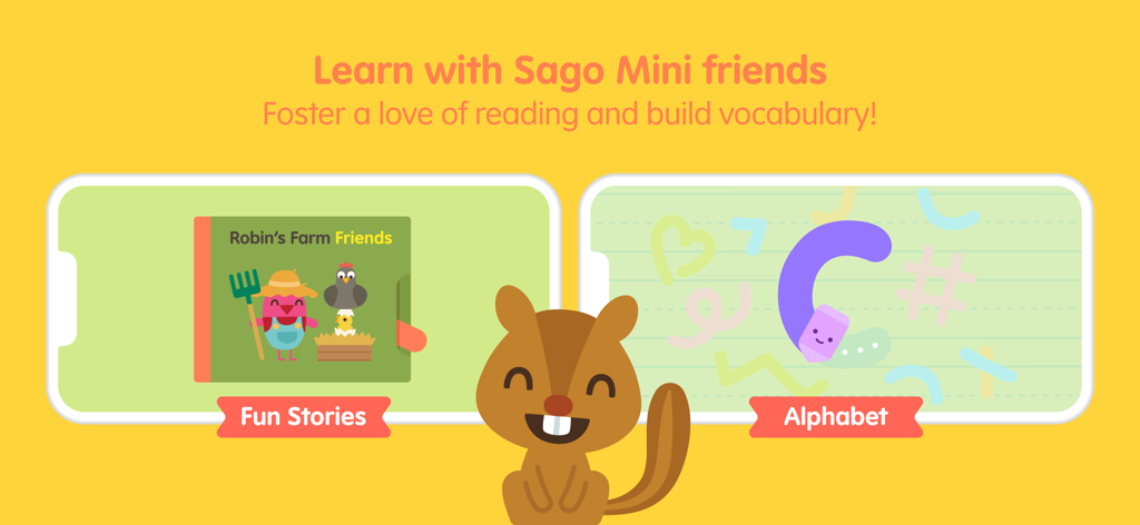 Prévia do aplicativo Sago Mini School mostrando histórias divertidas e atividades de traçado de alfabeto com personagens de animais caprichosos