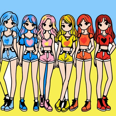 a group of girls wearing crop tops and shorts