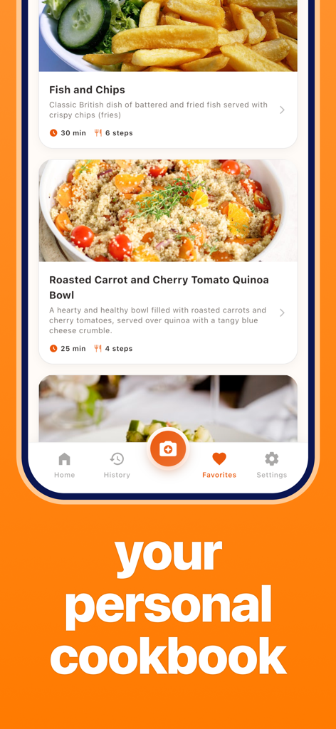 AI Recipe Keeper - ChefAI - 피쉬 앤 칩스 및 퀴노아 볼 레시피가 포함된 개인 레시피 북을 보여주는 모바일 앱 인터페이스