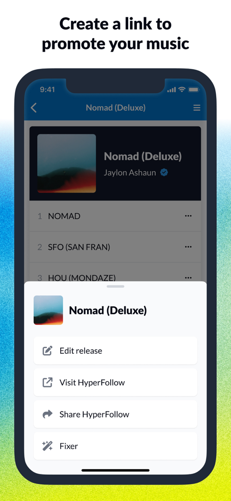 DistroKid - DistroKid mobile app interface showing options to create and share HyperFollow links for music promotion