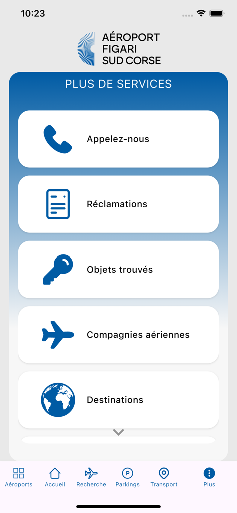 Aéroports de Corse - Interface of the Aeroports de Corse app showing additional services for Figari South Corsica Airport.