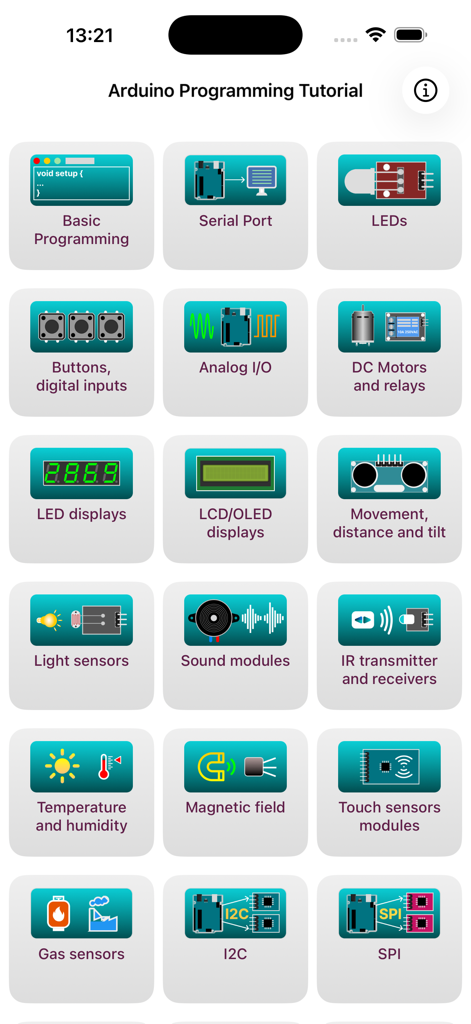 Arduino Programming Tutorial - A screen showing various categories for learning Arduino programming and hardware components