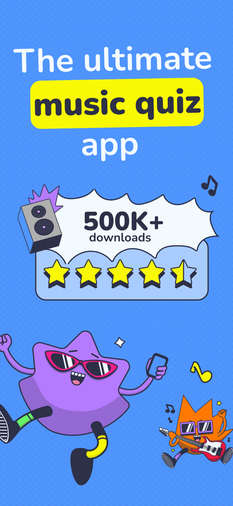 Mukiz - Guess the song - L'application de quiz musical ultime Mukiz avec plus de 500 000 téléchargements et une note de 4,5 étoiles, présentant des personnages de dessins animés musicaux