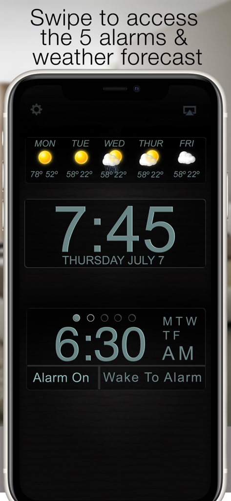 Best Clock Radio & Podcast - Interface do aplicativo Melhor Rádio Relógio com horário digital, previsão do tempo para 5 dias e configurações de alarme