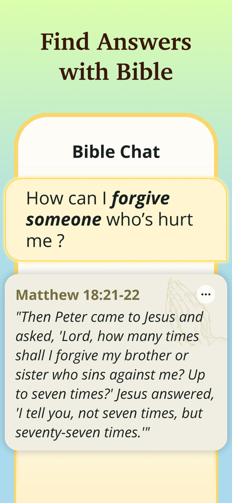 Interface de l'application Bible Path montrant la fonction Bible Chat répondant à une question sur le pardon avec un verset biblique.