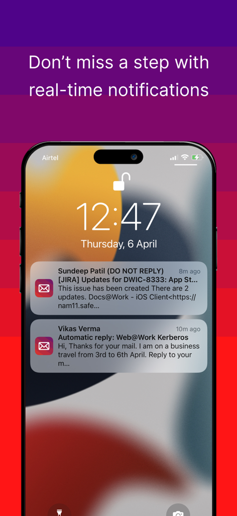 Ivanti Email+ - iPhone lock screen displaying real-time secure email notifications from the Ivanti Email plus app