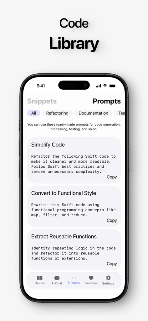 A mobile app screen showing a library of code snippets and prompts for refactoring and simplifying Swift code.