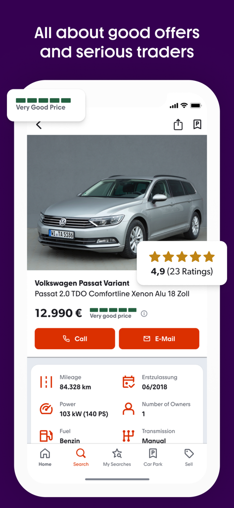 Annonce de Volkswagen Passat sur l'application mobile.de avec prix et avis des concessionnaires