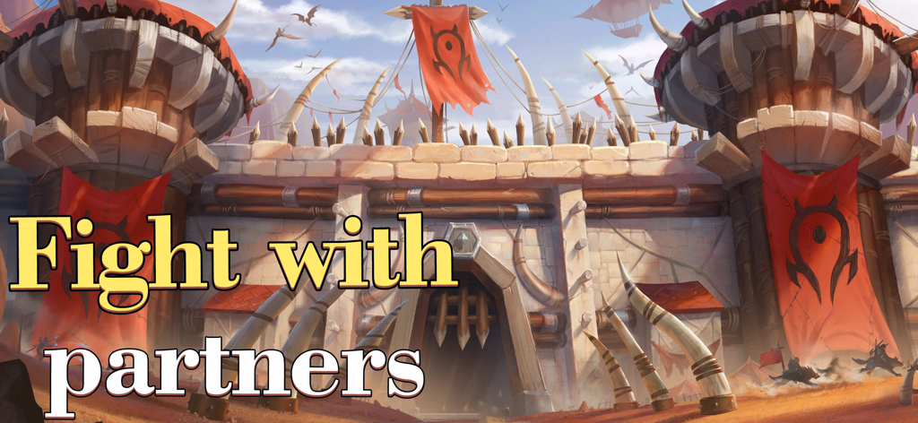 Tempest bastion - A large tribal fortress gate with red banners and spiky decorations featuring the text Fight with partners in Tempest Bastion