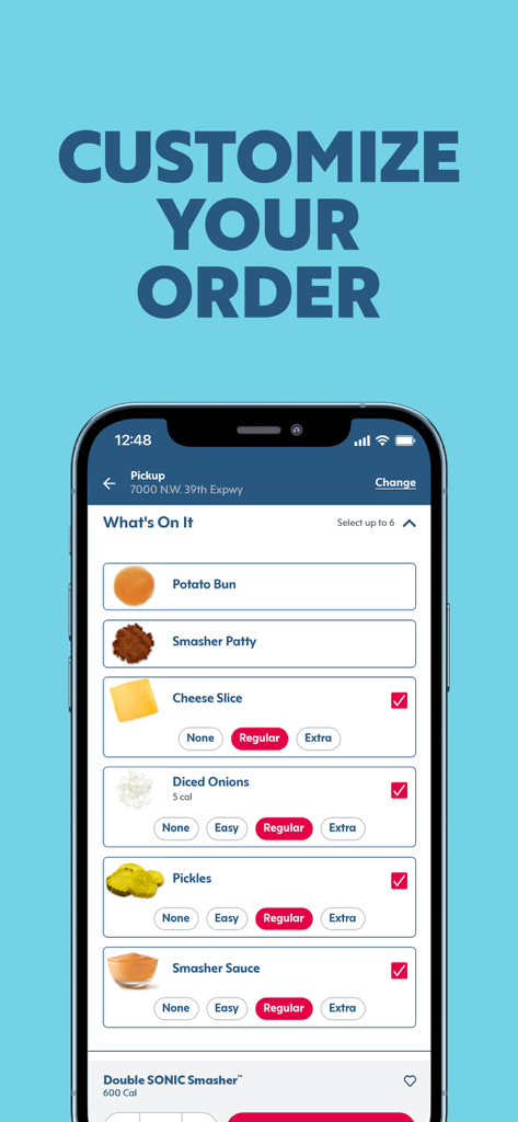 SONIC Drive-In - Order Online - Sonic Drive In app screen showing customization options for a burger order