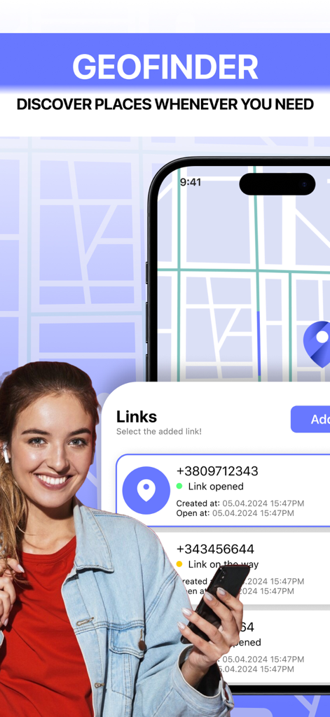 Geofinder app interface displaying location tracking statuses and links for family phone numbers