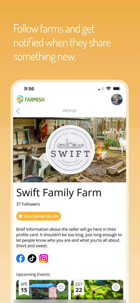 Farmish - Capture d'écran de l'application Farmish montrant la page de profil d'une ferme locale avec des liens vers les réseaux sociaux et les événements à venir.