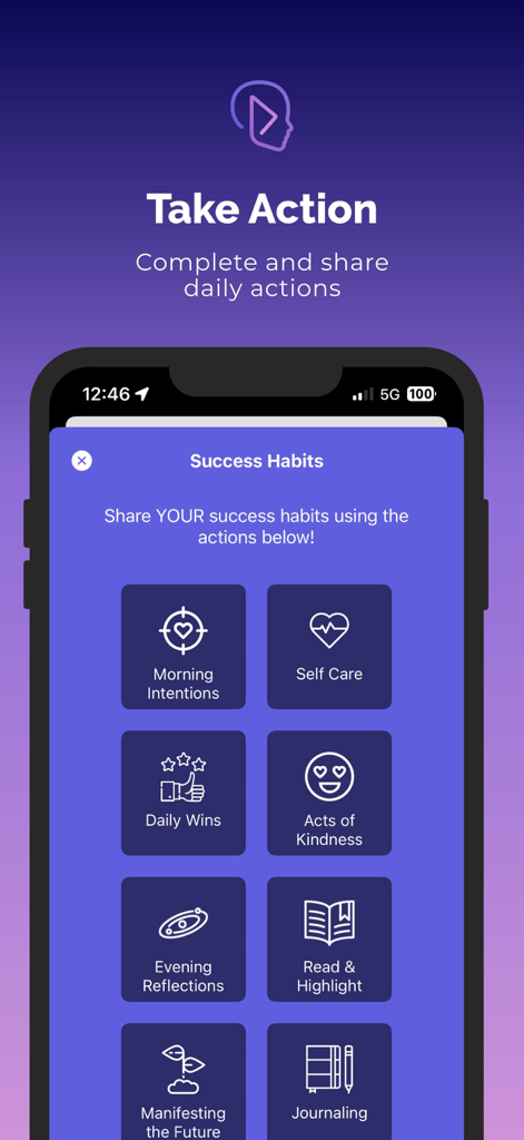 The Success Habits screen in the Mind Movies app showing options like Morning Intentions and Self Care.
