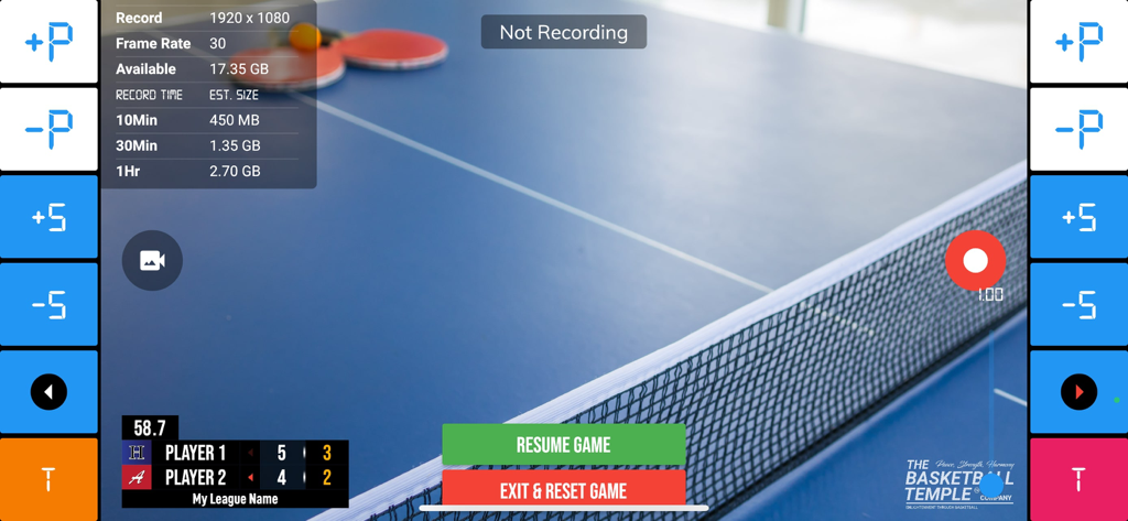 Recording interface of BT Table Tennis Camera app with score overlay and match controls.