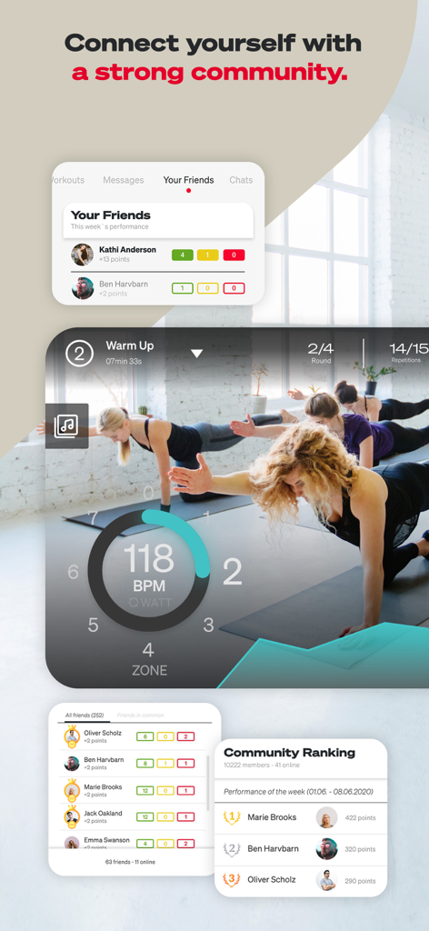 Sportstech Live - Sportstech Live App-Oberfläche, die eine Yoga-Trainingssitzung mit Herzfrequenzüberwachung und einer Community-Rangliste anzeigt.