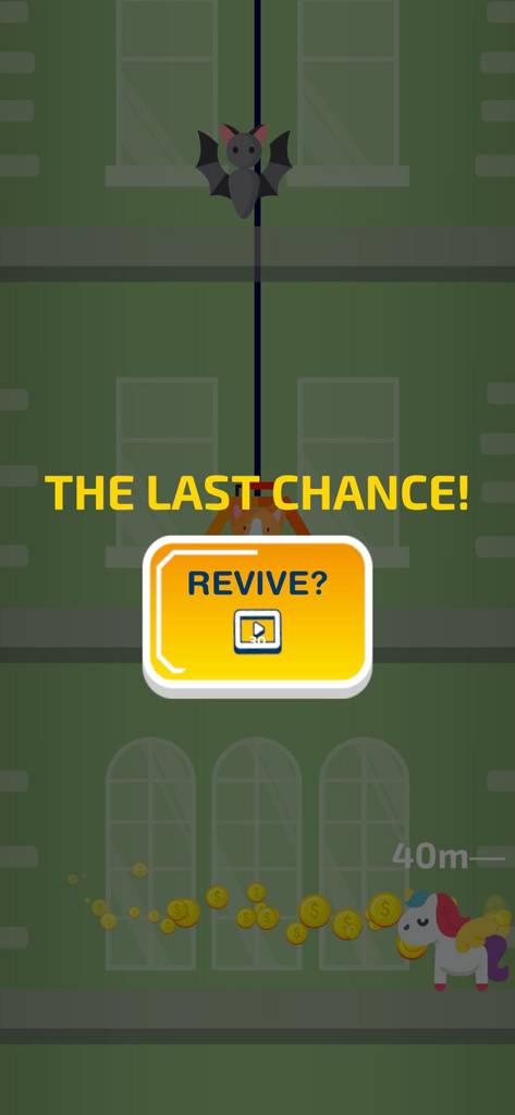 Save The Pets - A game screen from Save The Pets showing a revive button with a bat and a unicorn character