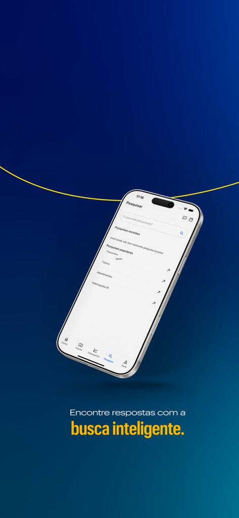 Uma tela de smartphone exibindo a interface de busca inteligente do app Uninter com tópicos estudantis populares como financeiro e tutoria.
