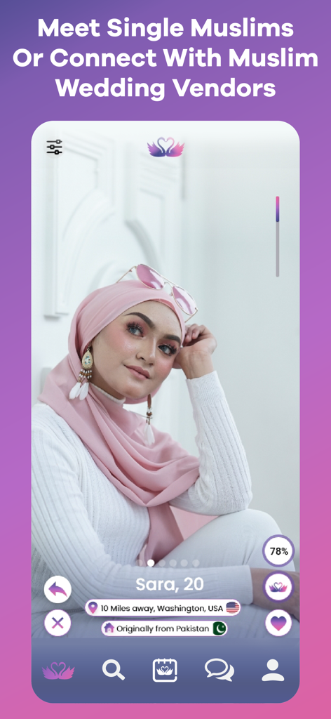 Proposal: Muslim Marriage - User profile screen of Proposal Muslim marriage app showing a woman in a pink hijab with compatibility score and location