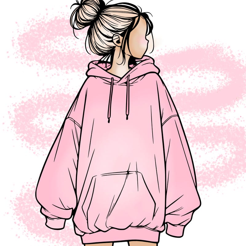 realistic girl with a oversized sweatshirt on and a bun