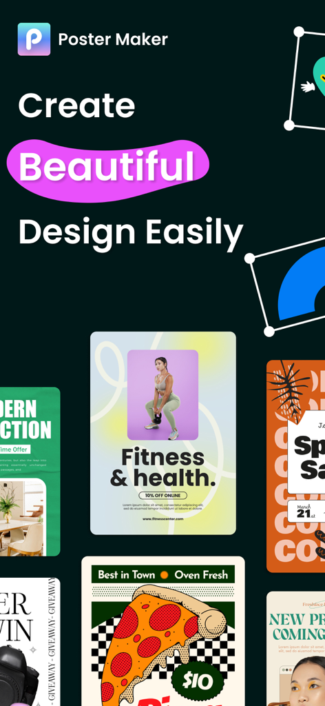 Poster Maker : Flyer Maker - Une collection de modèles professionnels de flyers et d'affiches pour le fitness, l'alimentation et le marketing d'entreprise sur fond sombre.