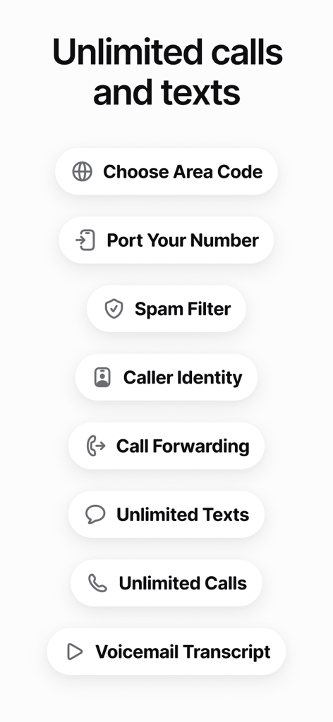 A list of features for the Beside AI Receptionist app including choose area code, port your number, spam filter, caller identity, and call forwarding.